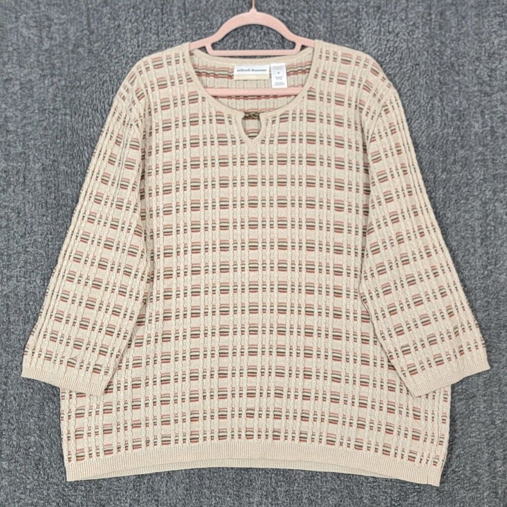 Alfred Dunner Sweater Womens 3X Beige Striped 3/4 Sleeve Cable Knit Top